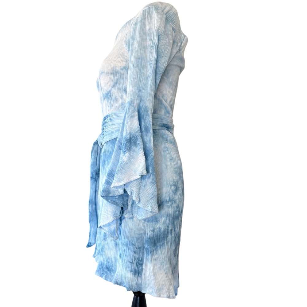 VENUS Sky Blue Tie Dye Bell Sleeve Belted Boho Mini Off Shoulder Rayon Size 6 - Picture 9 of 17